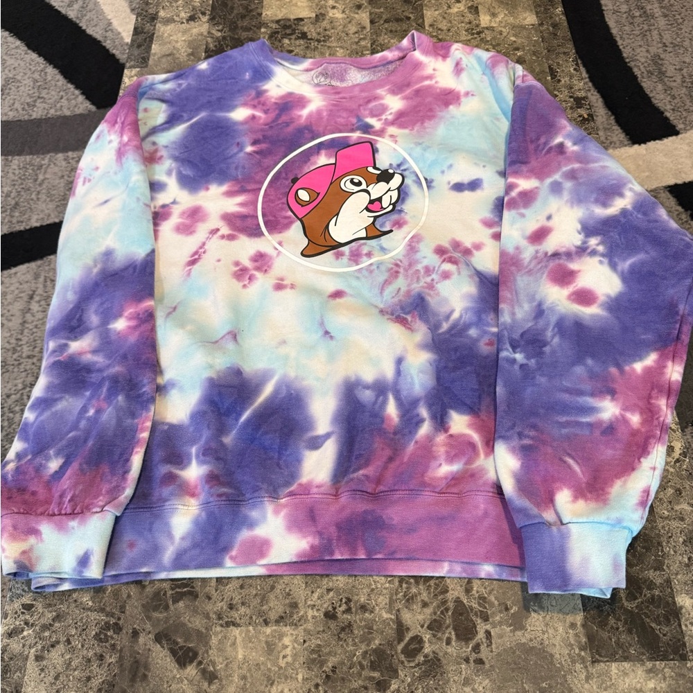 Women’s Buc-ee Tie-Dye Crewneck Sweater - Purple Blue Pink size L